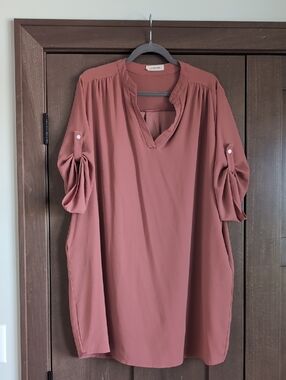 Relaxed V-Neck Tunic with Rolled Button-Sleeves - Dusty Rose